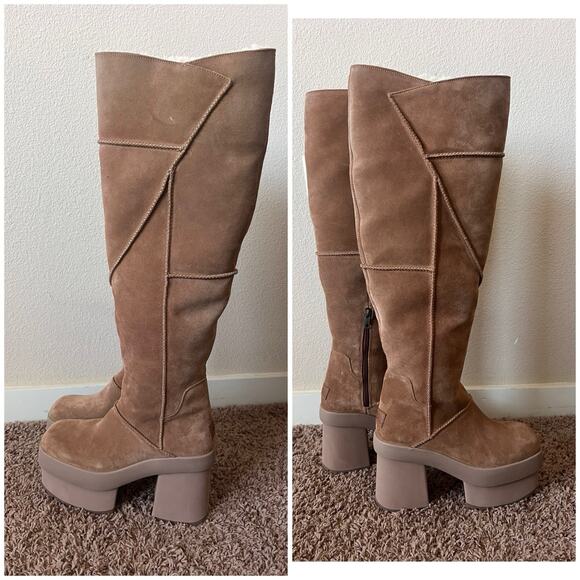 NEW UGG Heights Platform Xtra Tall Boots 8 Chestnut Suede Shearling Chunky Heel - Picture 4 of 12